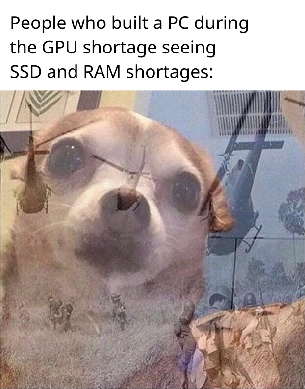 People who built a PC during the GPU shortage seeing SSD and RAM shortages: (picture of a concerned chihuahua layered over a picture from the Vietnam War with multiple helicopters and troops attacking)