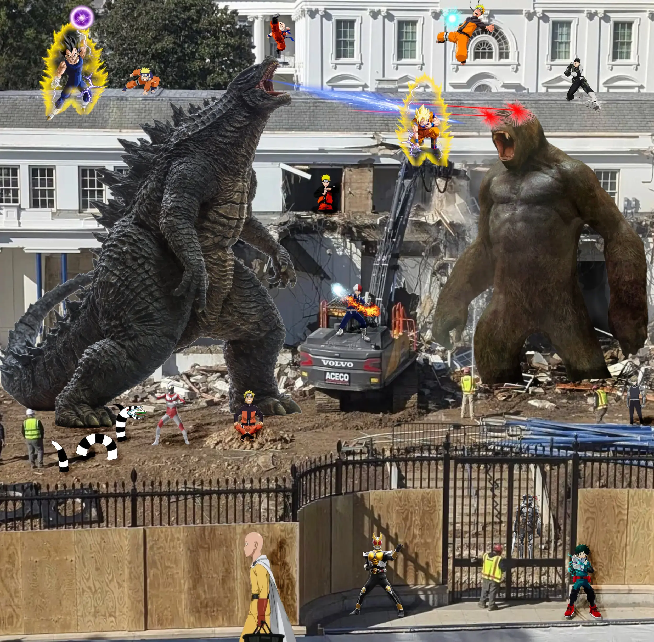 The image of the White House getting demolished that I have added many things to. Godzilla and King Kong are fighting and Goku is in the middle of the two. Vegita is getting ready to sneak attack godzilla while Krillin drop kicks its face. Naruto does his kage bunshin no jutsu from the window while Deku and Kamen power up outside the gate. Just inside the gate is Goblin Slayer. Another Kamen is fighting a sand worm and Saitama is walking by with his groceries. 