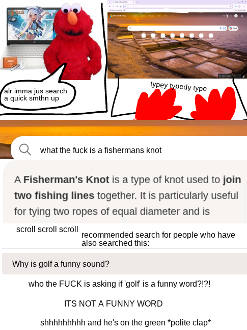 red Elmo, standing by a computer. bing search tab. search results. 