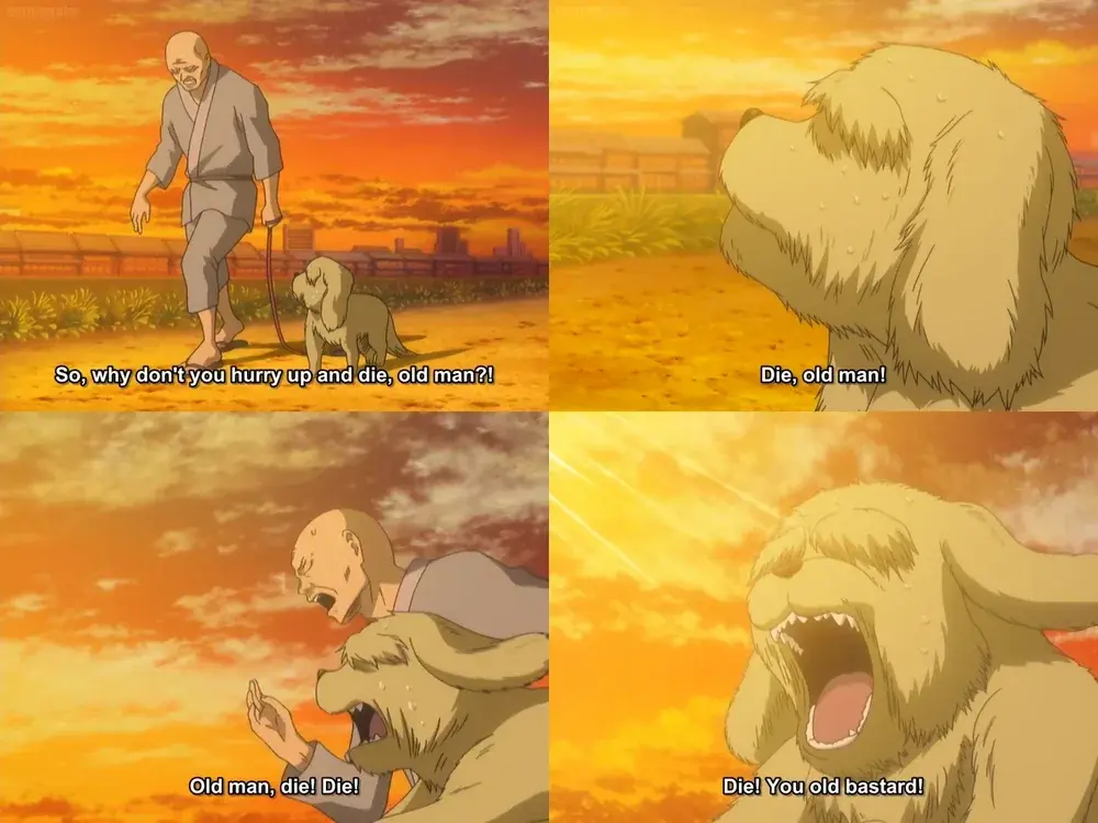 A series of images showing an old, feeble man walking a shaggy dog during sunset on a grassy dirt path with buildings in the background. The dog looks at the man and says "So, why don't you hurry up and die, old man!? Die, old man! Old man, die! Die! Die! You old bastard!"